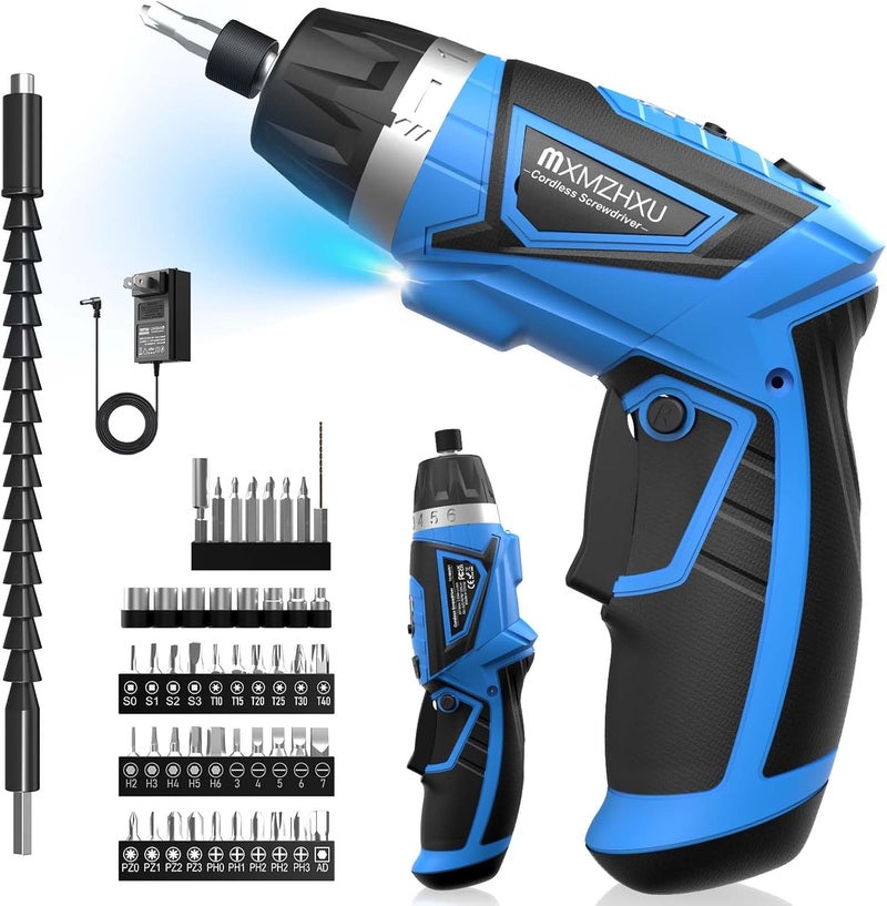 MXMZHXU 8V Cordless Screwdriver,6+1 Torque Max 10N·m Electric Power Screwdriver with 47 Accessories,180°Pivoting Handle, 2000mAh Rechargeable Screw Gun&Bit Set with LED Light, Flexible Shaft,for Home,Office - Image 1